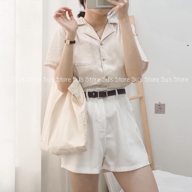 [Mã WASTUP giảm 10% tối đa 30K đơn 99K] Áo sơmi cổ vest viền chỉ nổi hai màu be và trắng (hình thật/sẵn) | BigBuy360 - bigbuy360.vn