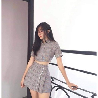 SET ÁO VÁY RETRO HÀN QUỐC SỌC CARO NHỎ