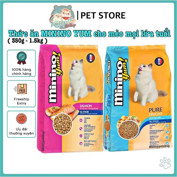 Thức ăn hạt Minino Yum dành cho mèo mọi lứa tuổi, vị hải sản, vị cá ngừ 350g 1.5kg - Kitty Pet Shop