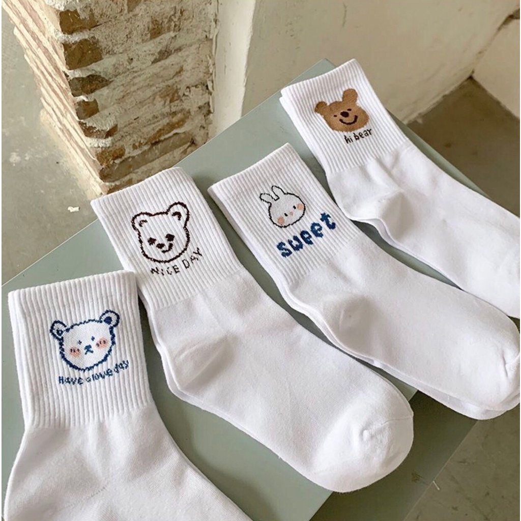 Tất cổ cao, vớ nữ trắng họa tiết hình thú xinh xắn cute vải cotton co giãn thời trang Hàn Quốc- PEACH Home
