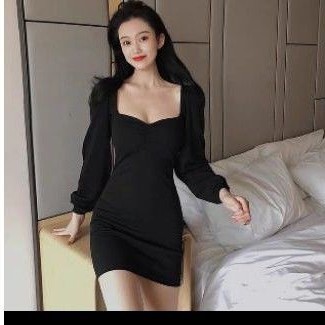 Đầm đen body tay dài bồng thun len gân tôn dáng