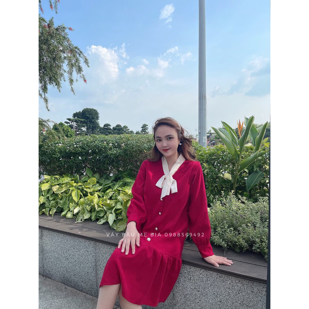 Váy bầu bigsize - Đầm bầu thiết kế GuMe VẢI NHUNG TĂM CAO CẤP MÀU ĐỎ, DÁNG ĐUÔI CÁ,CỔ NƠ be xinh xắn- MB259, ẢNH THẬT