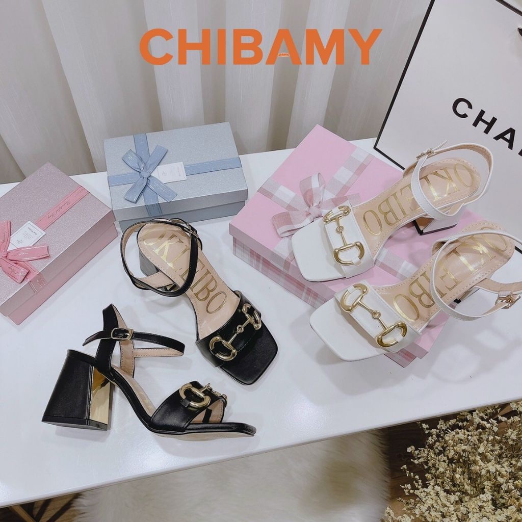 Giày Sandal cao gót nữ GuC chất da mềm CHIBAMY, dép quai hậu nữ gót vuông cao 7cm