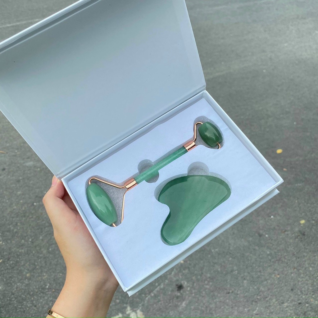 Combo Cây Lăn Mặt Mát Xa Và Miếng Đá Guasha Bằng Đá Thiên Nhiên Nhiều Mẫu Được Chọn Màu