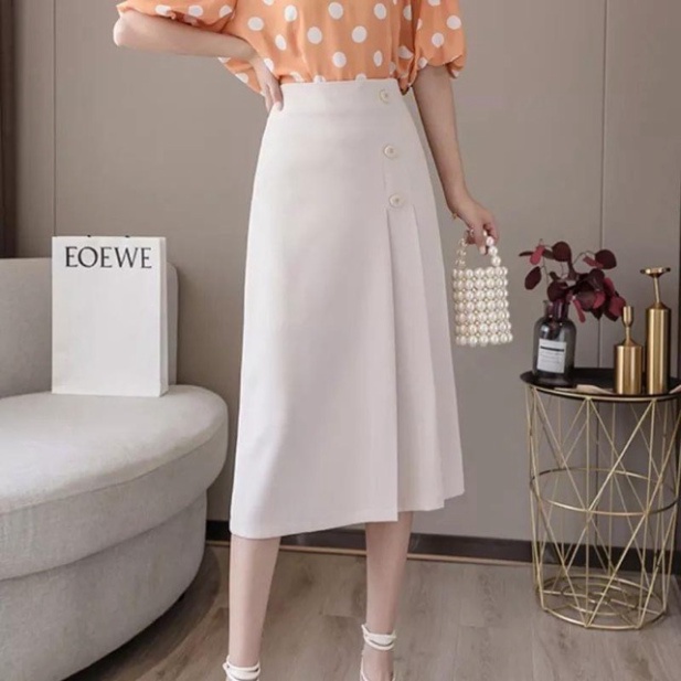 Chân váy công sở dài phối cúc_MJK001 chất siêu mát, co dãn, mầu đen trắng