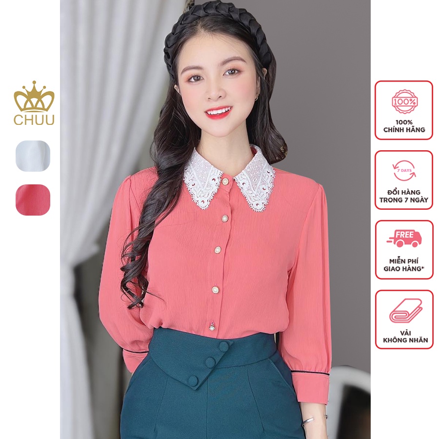 Áo sơ mi nữ công sở kiểu cổ ren tay lửng pijama CHUU A5354