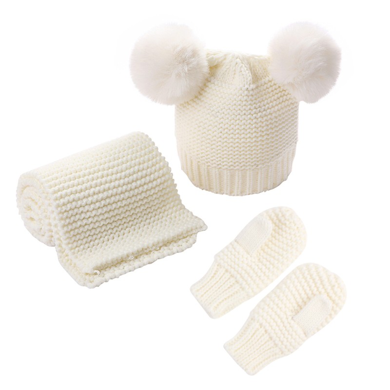 Set Mũ Len Trùm Đầu &amp; Khăn Choàng Cổ &amp; Găng Tay Đính Quả Bông Giả Cho Bé