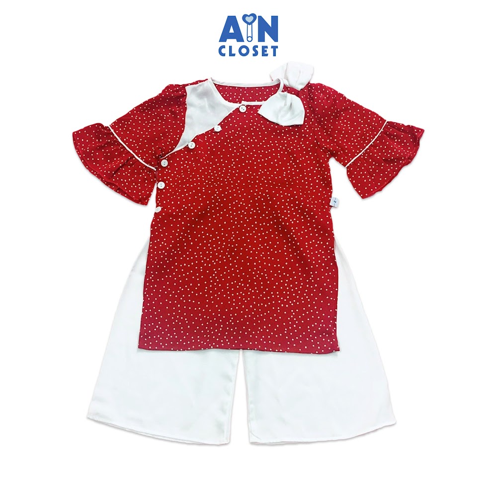 Bộ áo dài bé gái họa tiết Bi đỏ lụa san hô - AICDBGSVFYVR - AIN Closet