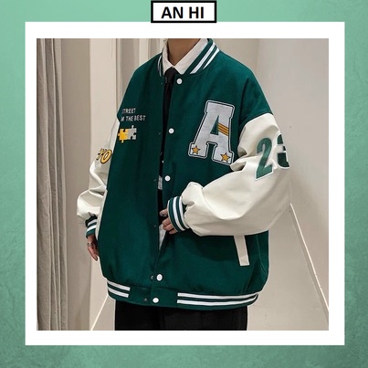 Bomber,  Áo khoác nam bomber bóng chày chữ a xanh lá lục nam nữ rộng hoodie unisex hàn quốc  varsity cao cấp giá rẻ