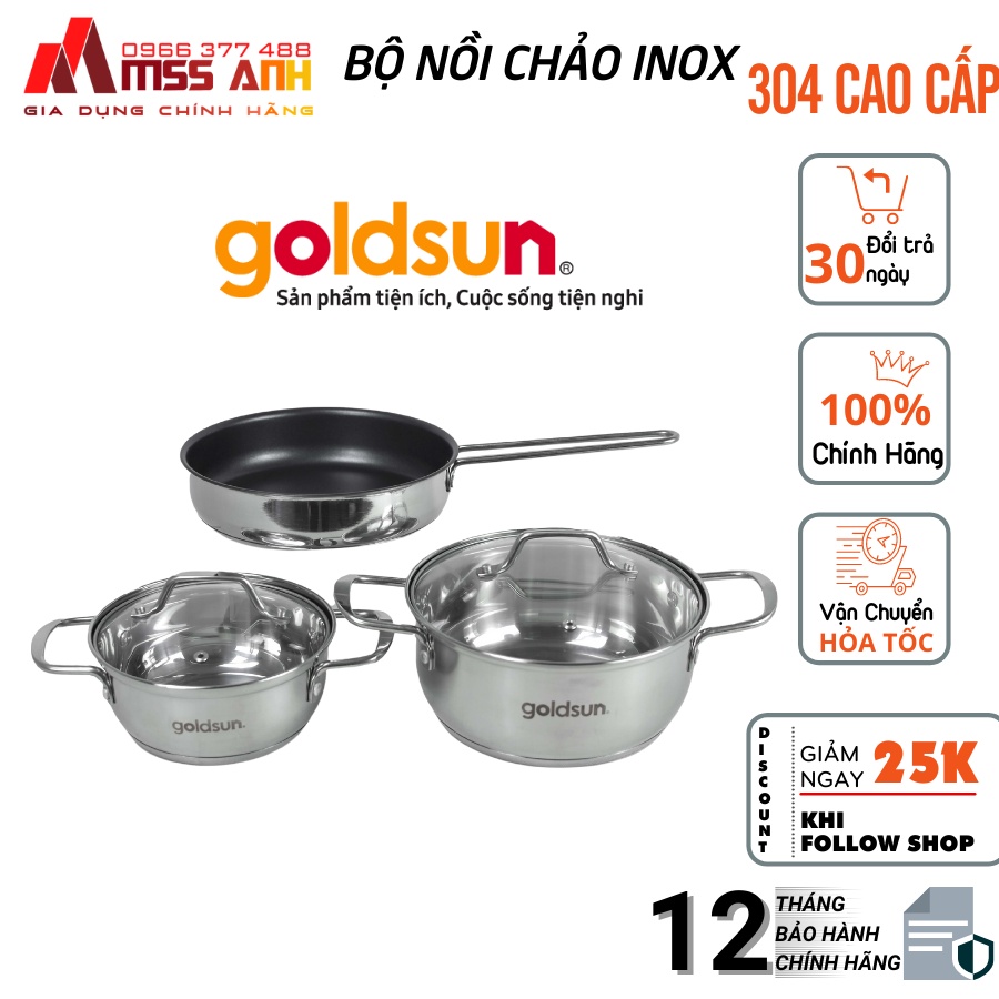 Bộ nồi chảo Inox 3 đáy Goldsun GPS1790, nồi 16cm, nồi 20cm, chảo 20cm, Hàng chính hãng, Bảo hành 12 tháng