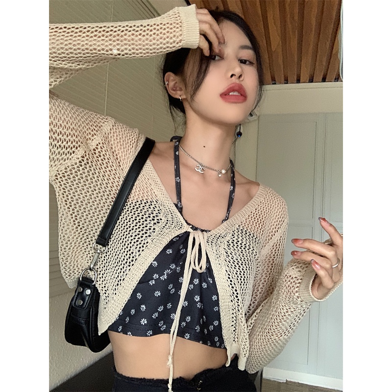 QKOOLE Áo khoác cardigan/ Áo hai dây họa tiết hoa phong cách Hàn Quốc cho nữ