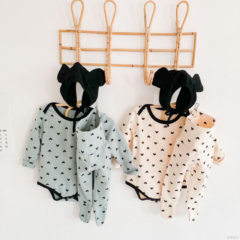 Set Jumpsuit Tay Dài Chất Cotton + Quần Dài Và Mũ Cho Bé 0-3 Tuổi