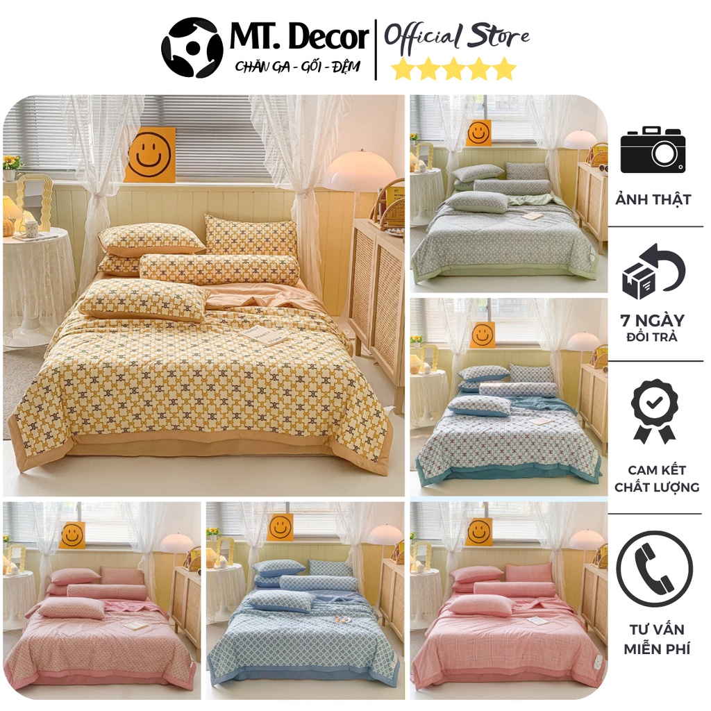 Bộ chăn ga gối cotton đũi 5 món nhập khẩu cao cấp, ga gối chất cotton đũi, chăn chần bông mềm thoáng khí thấm hút mồ hôi