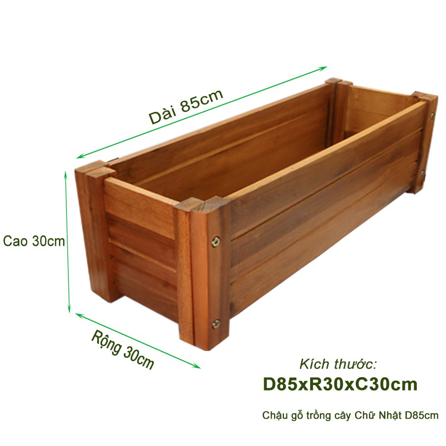 Chậu gỗ trồng cây, chữ nhật, D85xR35xC35cm, gỗ Tràm chịu nước, tặng 2 hộp dưỡng hoa tươi lâu |Greenhome