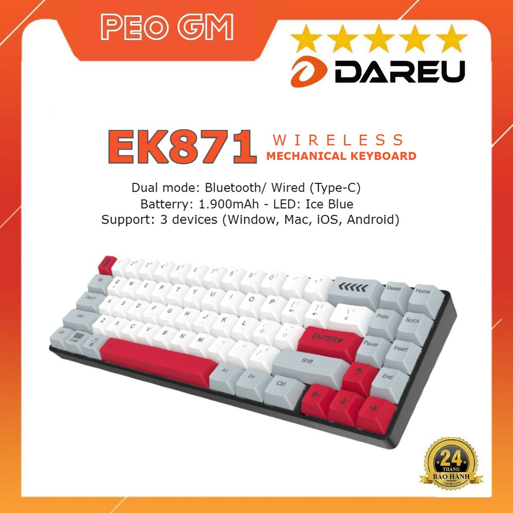 Bàn phím cơ không dây DAREU EK871 GREY-WHITE 71KEY (PBT, Blue/ Brown/ Red D-KAILH switch)