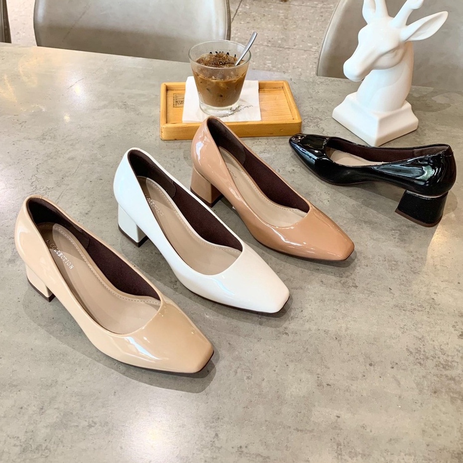 Giày cao gót mũi vuông 4 phân  Annmodels gót vuông phối sắt cao cấp chất liệu da bóng _ A3004XBGOTSAT