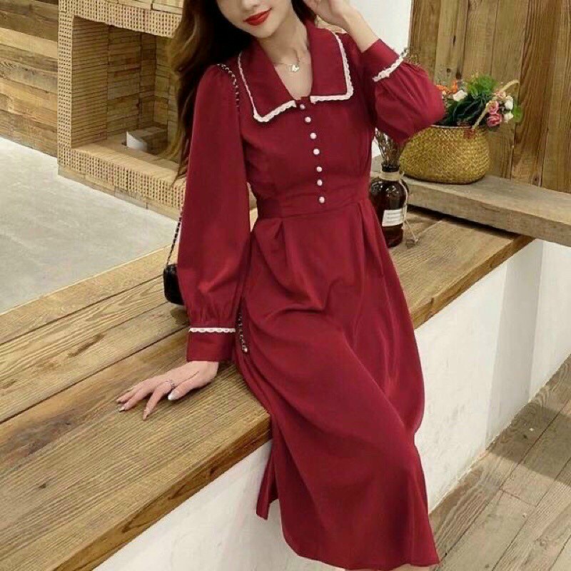 Đầm Xòe Tiểu Thư Phối Viền Nút Ngưc Xinh Xắn