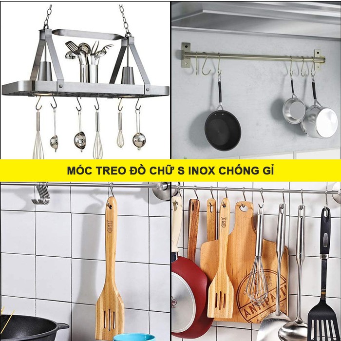 Móc treo đồ chữ S inox cao cấp chống gỉ, Dày 4.2mm &amp; dài 7cm, làm móc treo quần áo, dụng cụ nhà bếp