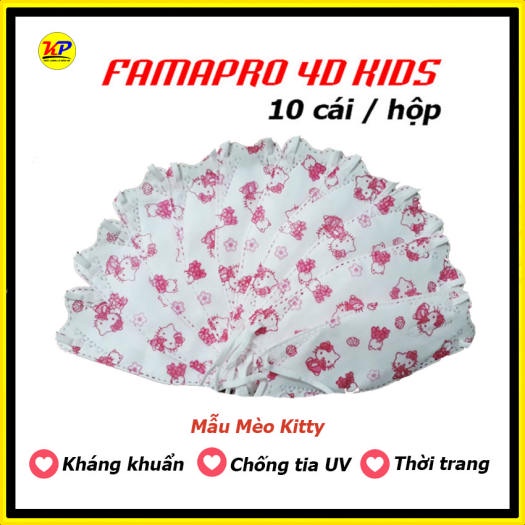 [ COMBO 5- HỘP 10 CÁI] Khẩu trang y tế cao cấp trẻ em kháng khuẩn 3 lớp Famapro 4D Kids(KF94) HÌNH MÈO KITTY