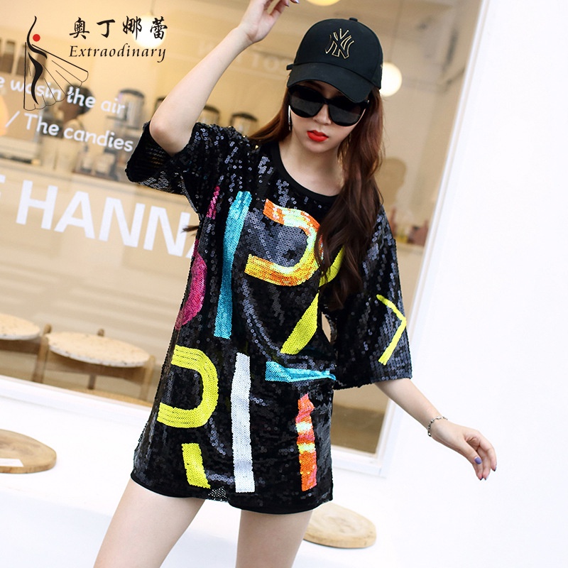 Áo Thun Đính Kim Sa Lấp Lánh Phong Cách Hip Hop Đường Phố Hip Hop Đường Phố Hiện Đại Cho Nữ
