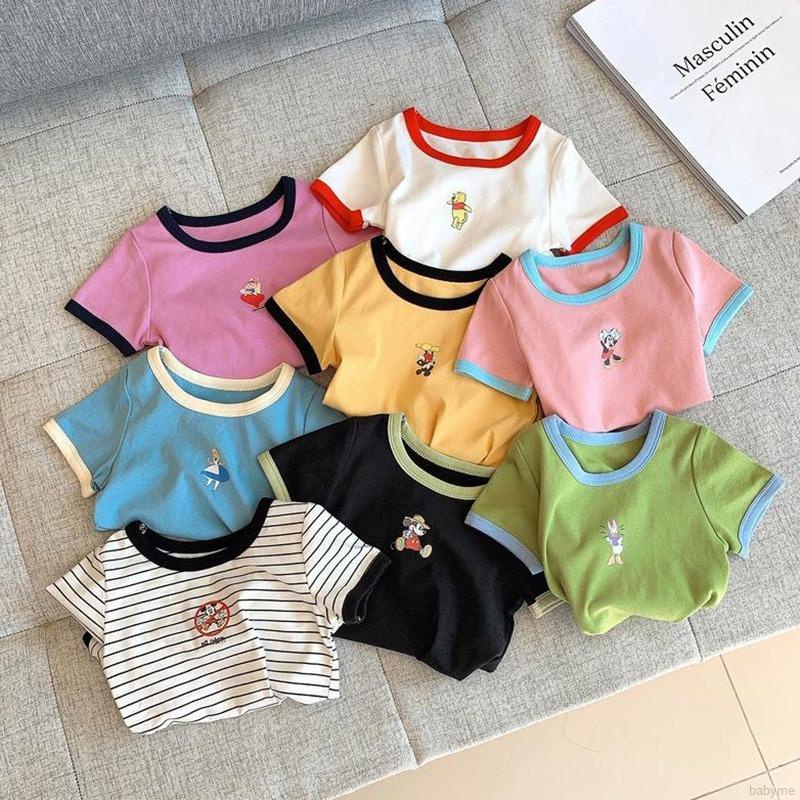 Áo thun tay ngắn chất liệu cotton in họa tiết hoạt hình phong cách hàn quốc cho bé gái