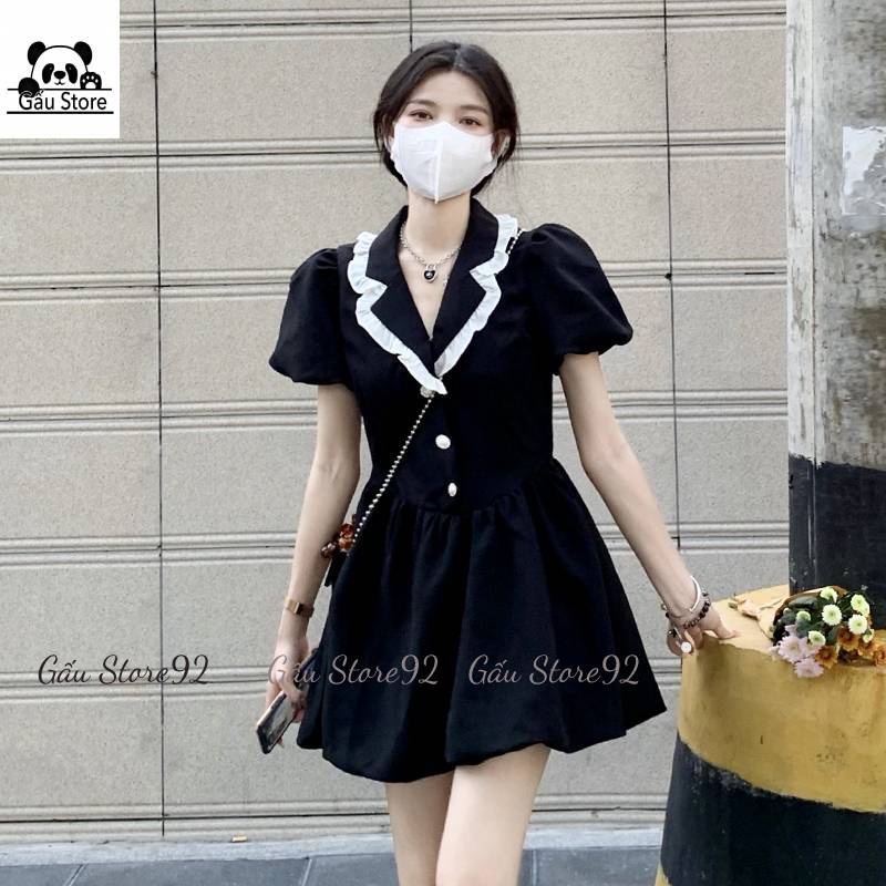 Váy đầm nữ màu đen cổ vest viền bèo tay bồng babydoll