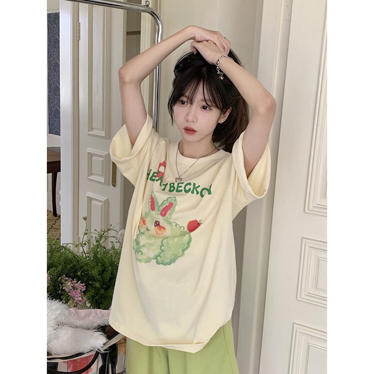 Áo Thun Dáng Rộng Ngắn Tay In Hoạt Hình Phong Cách Hàn Quốc Đáng Yêu Dành Cho Nữ 2022