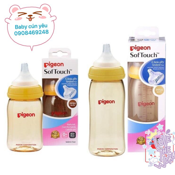 [CHÍNH HÃNG]Bình sữa cổ rộng PPSU Plus Pigeon 160ml-240ml