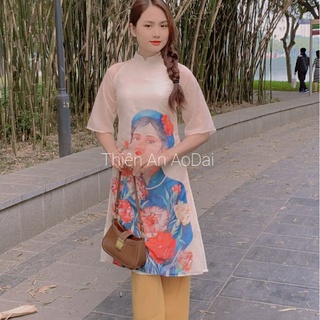Áo dài Lụa 4 tà họa tiết cô gái