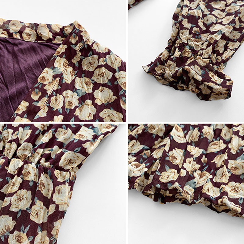 Đầm dài cổ chữ V in hoa ôm dáng phong cách Pháp thanh lịch cho nữ