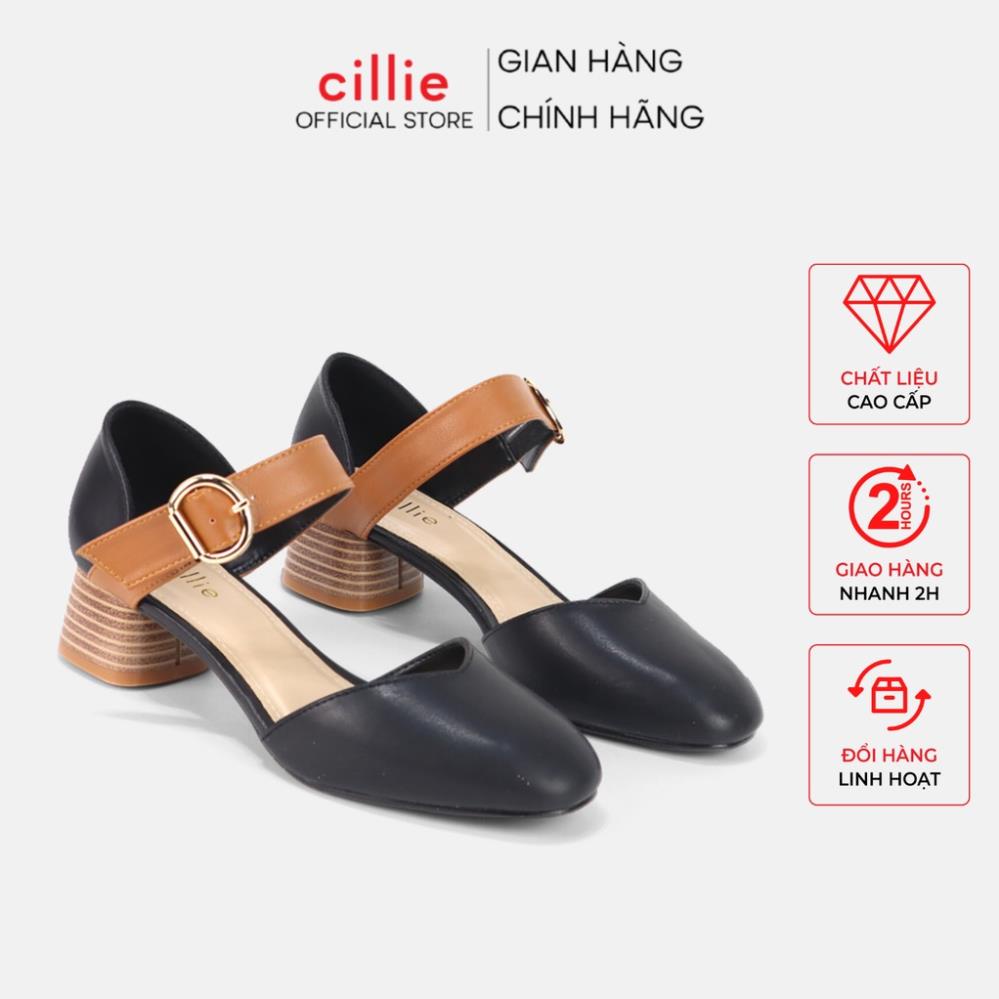 PA Giày sandal cao gót nữ mũi tròn cổ điển phối màu tươi mới gót vuông 4cm đi học đi làm Cillie 1133