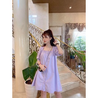 ĐẦM SUÔNG TÍM CỔ VUÔNG NÚT