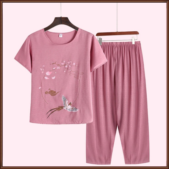 Bộ Đồ Ngủ Vải Cotton Lanh Áo Tay Ngắn Cổ Tròn Phối Quần Dài Ống Rộng Thoải Mái Cho Nữ