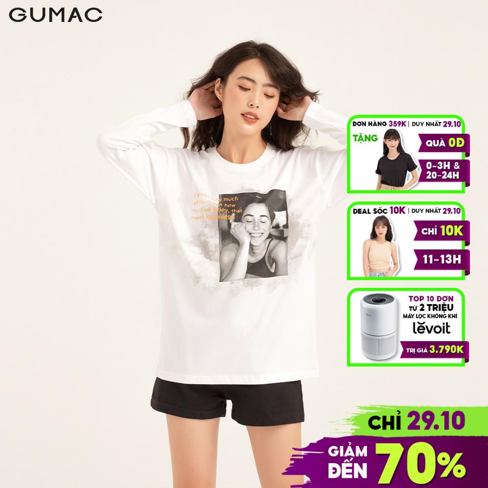 [Mã WABRGUD1 giảm 10% đơn 99K] Áo thun nữ phom rộng tay dài in loang GUMAC thiết kế basic ATB1123