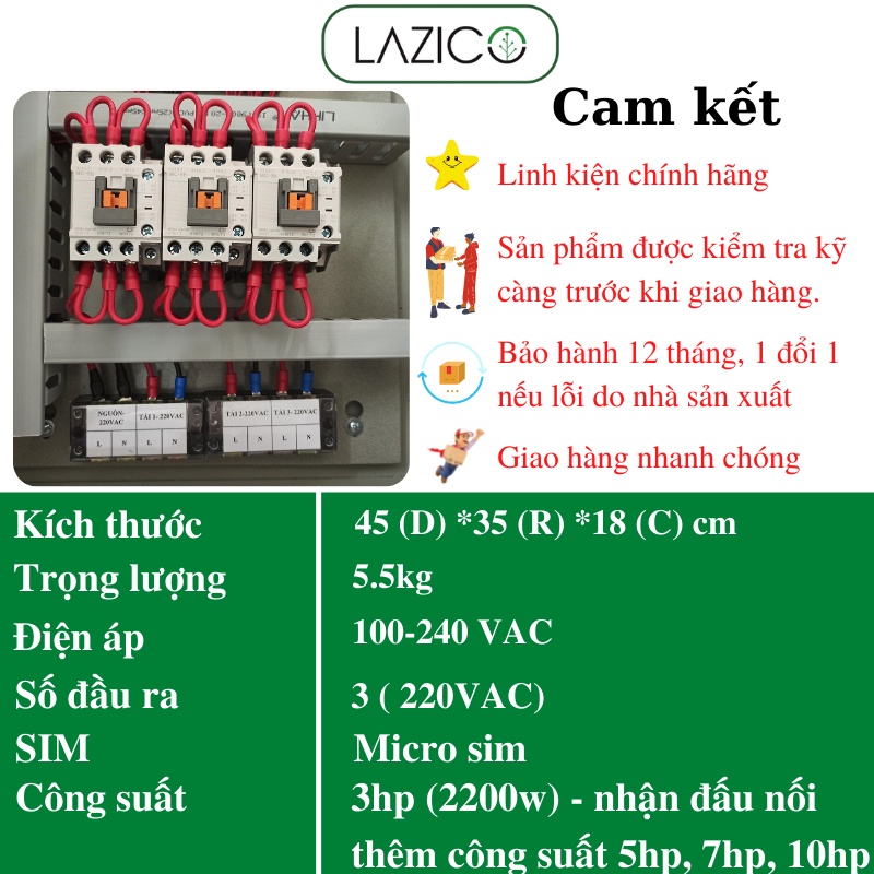 Tủ điều khiển từ xa qua điện thoại cho máy bơm motor quạt 220V 3 kênh độc lập 3hp - 10hp LAZICO LZ3