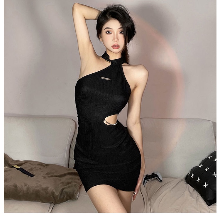 Kisf Sister Đầm Ôm Hông Không Tay Hở Eo Không Đối Xứng Màu Đen Cho Nữ