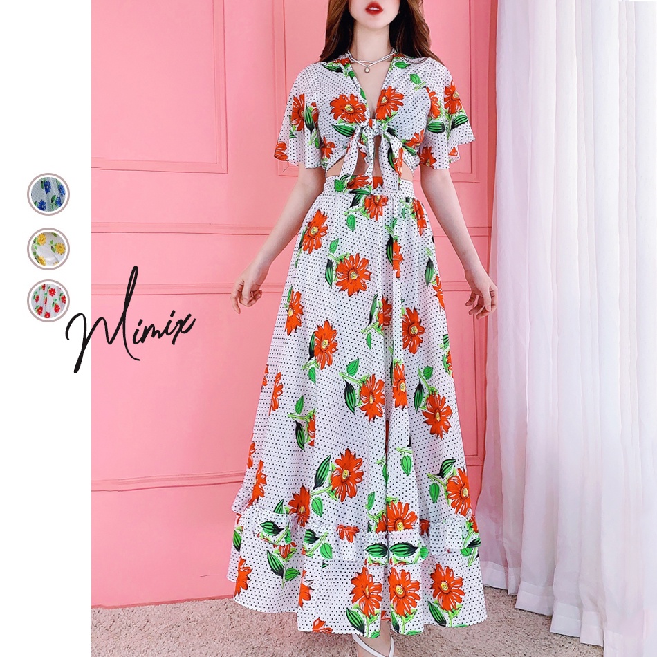 Set đắp chéo rời áo croptop kèm chân váy hoa chấm bi MIMIX BI3220