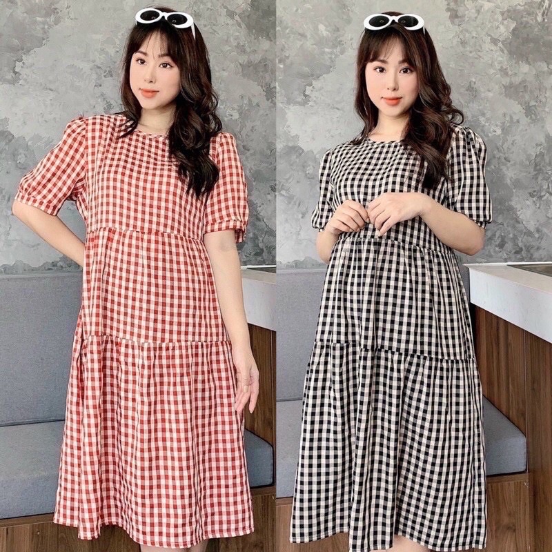 [XẢ KHO] Váy Bầu Cao Cấp Kẻ Caro Xinh Xắn, Form Dáng Tầng Cực Trẻ Trung Và Thời Trang V39