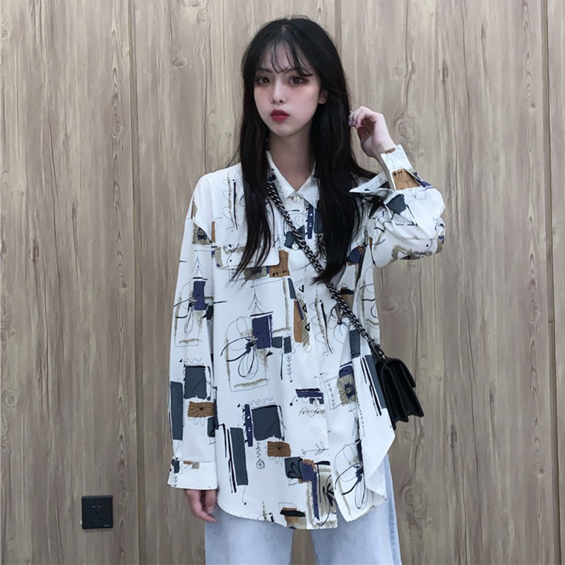 Áo sơ mi tay dài cổ bẻ phối nút hoạ tiết hoa cho phái nữ