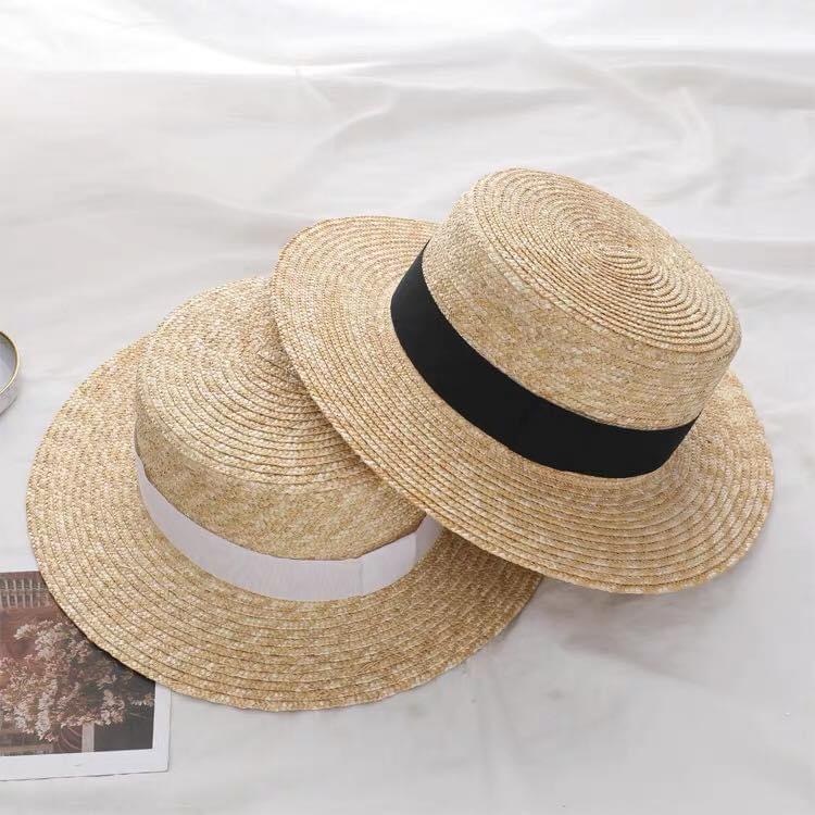 Mũ rơm đi biển Vintage Boater - viền nơ - vành rộng 7cm - (đóng hộp)