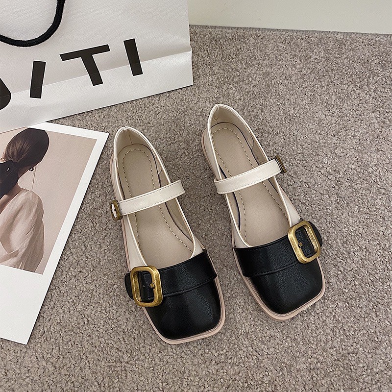 Giày búp bê nữ mũi vuông khuy đồng đế bệt có quai ngang