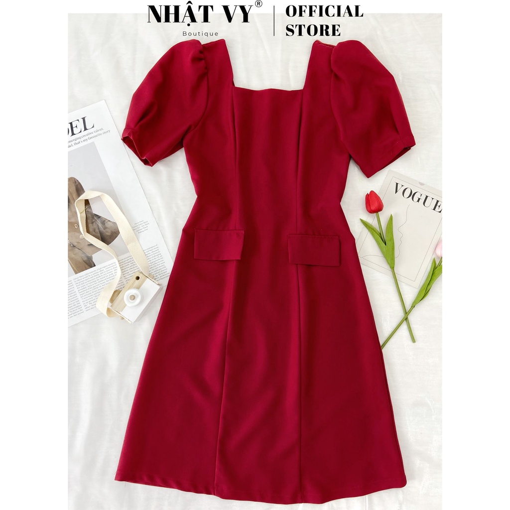 Đầm Nữ NHẬT VY Trơn Phối Túi Tay Phồng Chiết Eo Chất Cotton Công Sở Dáng Chữ A Màu Đỏ, Xanh - D2138