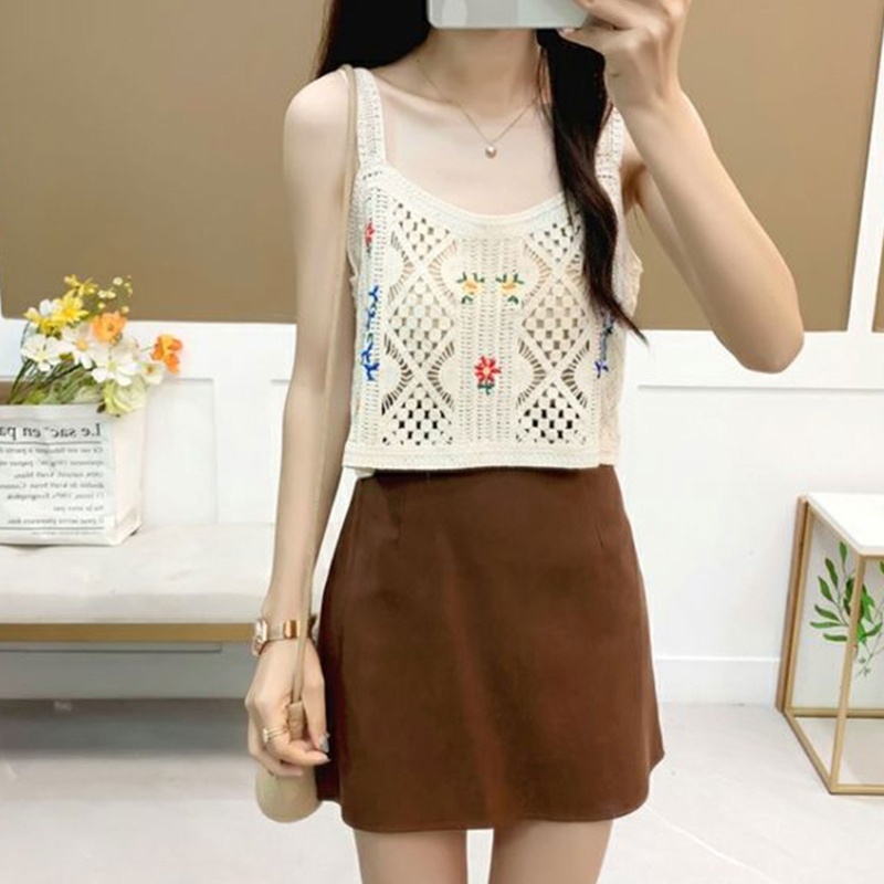 Áo Croptop Dệt Kim Sát Nách Dáng Rộng Thêu Hoa Khoét Rỗng Cho Nữ