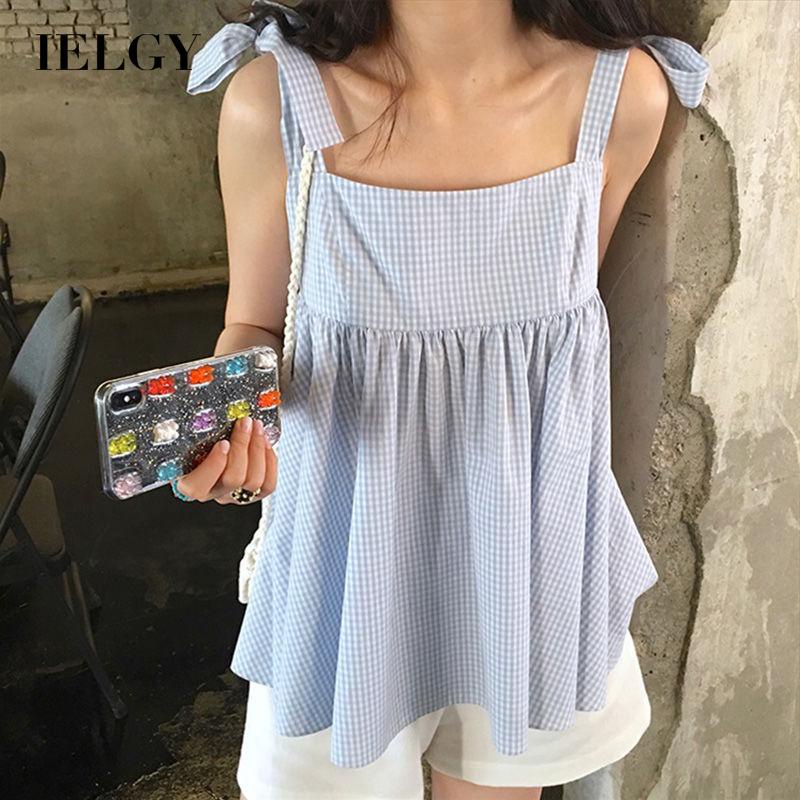 IELGY Áo Hai Dây Ngắn Dáng Suông Kẻ Sọc Caro Thắt Nơ Phong Cách Hàn Quốc Cho Nữ