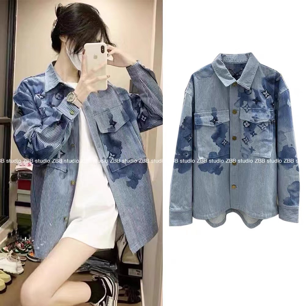 Áo Sơ Mi denim Tay Dài Dáng Rộng Họa Tiết Kẻ Sọc Phong Cách Hồng Kông Thời Trang Mới Cho Nữ 2022