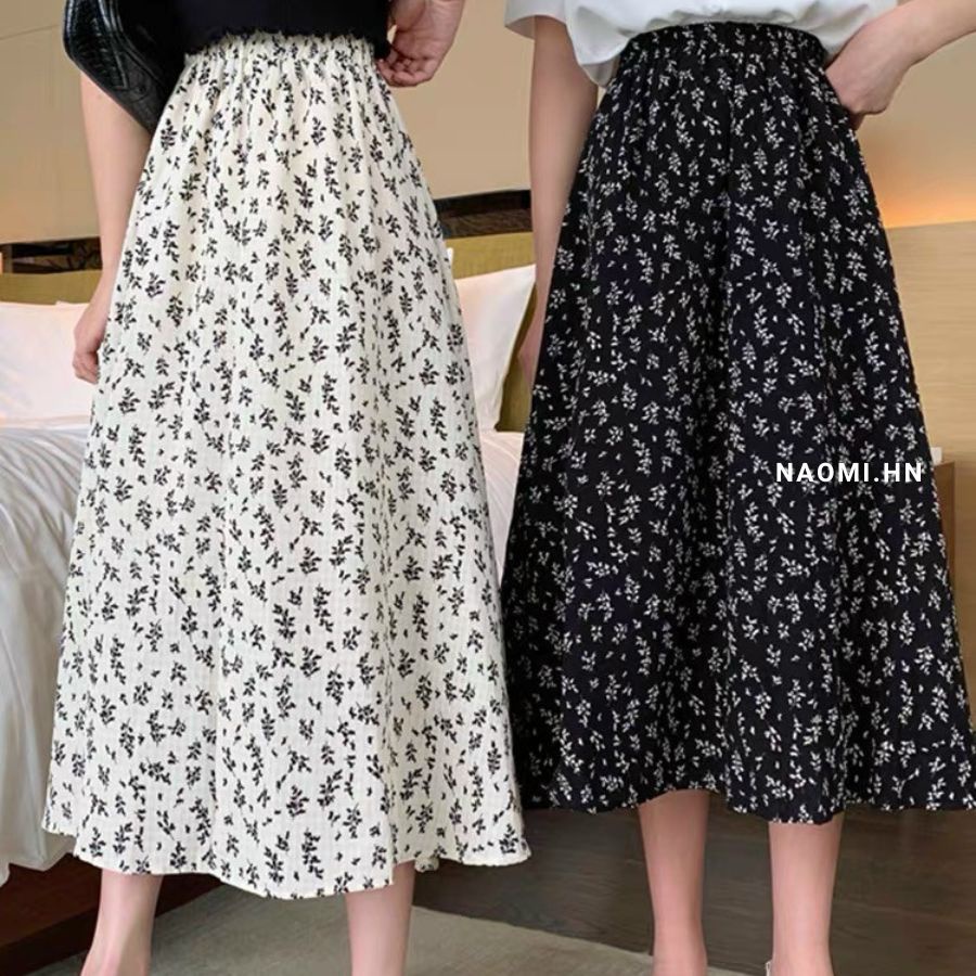 Chân váy hoa nhí dáng dài phong cách vintage chân váy dáng dài hoa nhí siêu đẹp hot trend màu đen trắng HOTHIT.