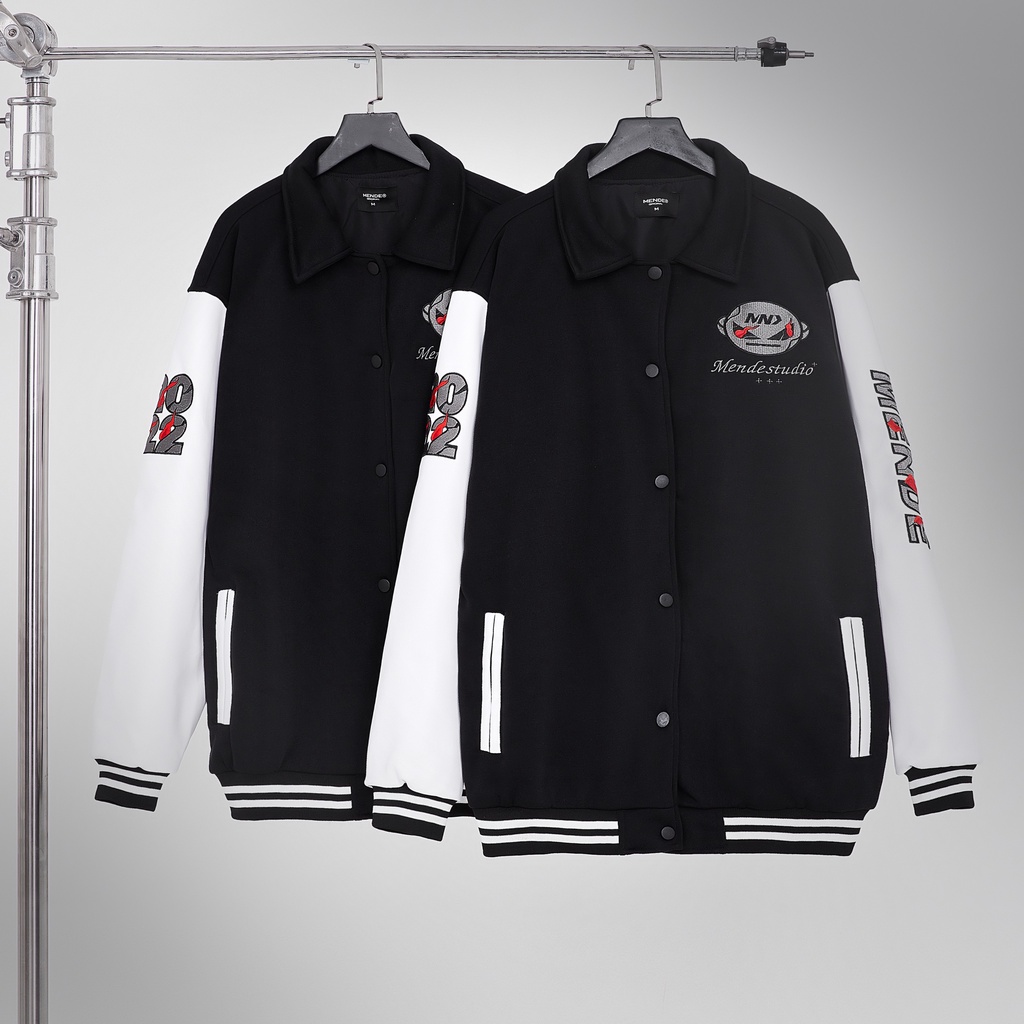 MENDE - Tiger Varsity - Áo khoác bóng chày đen trắng in hoạ tiết hổ