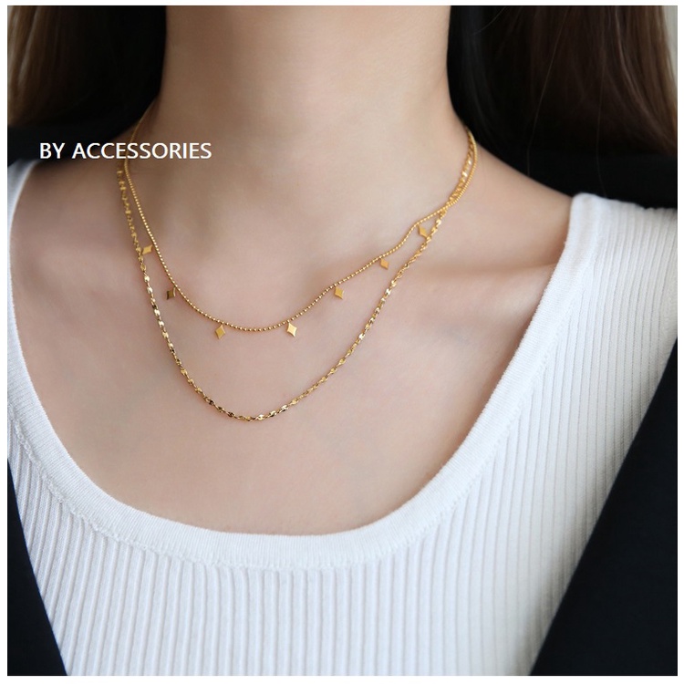 Vòng cổ titan 2 xích 2 tầng phối mặt hình thoi li ti không gỉ WNS19