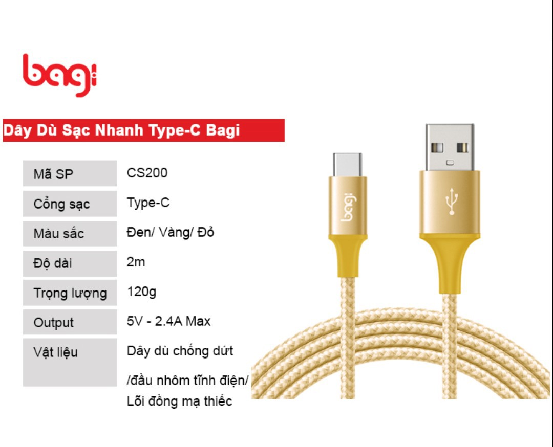 Cáp sạc Lightning Bagi TypeC CS200 chính hãng