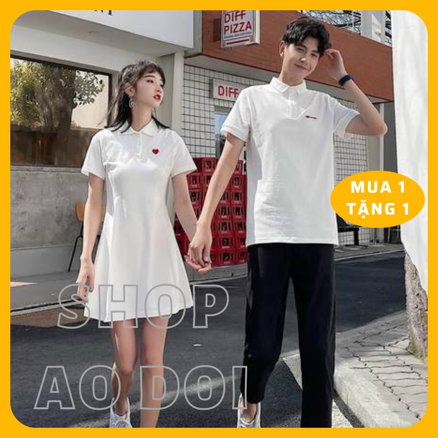 Đầm nữ + áo sơ mi nam trái tim, Váy thun đôi nam nữ polo đủ size cao cấp